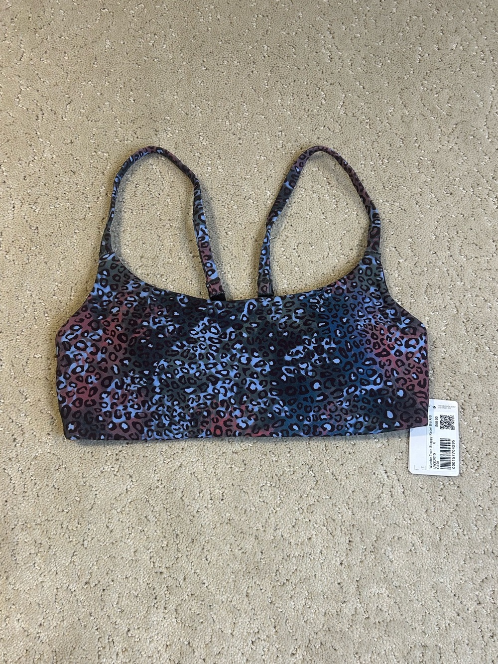 NWT Sold Out Lululemon Size 6 Wunder Train Strappy Racer Bra, A/B Cup, Leopard